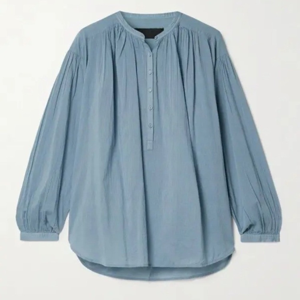 Nili Lotan Neville Blouse Women Medium Vintage Blue Cotton Voile Gathered Henley